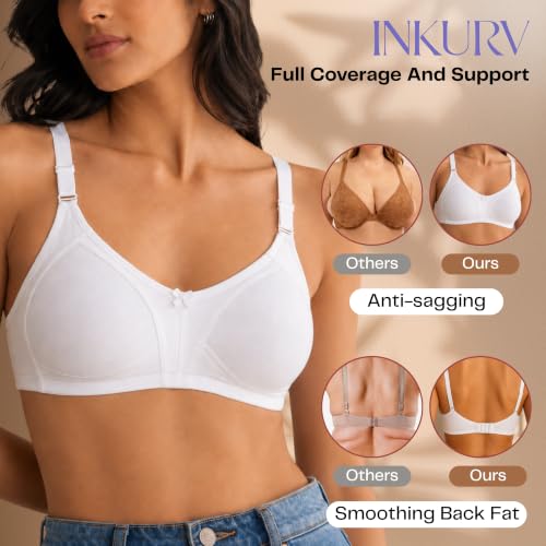Image of INKURV Seamless Bra for Women Full Coverage | Cotton Hosiery T-Shirt Brassiere - Non Padded Wireless Lift for Everyday Wear| Moulded Cups for Chest Lifting- SAGE