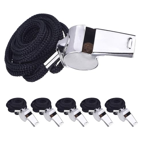 Set de 6 silbatos deportivos de acero inoxidable con cordón negro miniatura 1