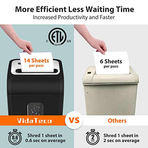 Image of VidaTeco 14-Sheet Micro Cut Paper Shredder for Home Office Heavy Duty | Auto-Reverse Anti-Jam, 60-Min Runtime P-4 Security, 5.3-Gallon Basket, Commercial Grade Shreds Staple / CD / Credit / Card, ETL