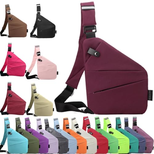 Anti Diebstahl Tasche,Diebstahlsichere Tasche,Umhängetaschen,Damendiebstahlsichere UmhäNgetasche,Brusttasche Herren,Diebstahlsichere Reisetasche für Damen und Herren (Lila rot, Linke Schulter)
