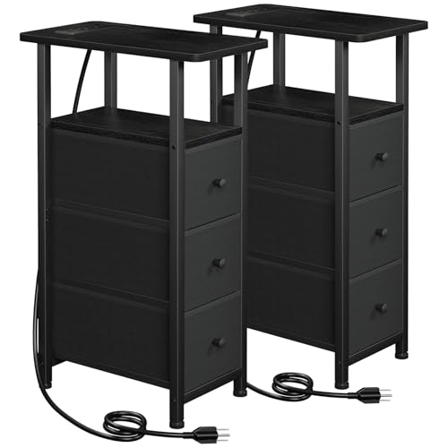 LOAKEKEL Narrow End Tables Living Room Set of 2 with Charging Station Skinny Side Table with Fabric Drawers Slim Nightstand for Bedroom Small Spaces Couch Black HETNDP03BK