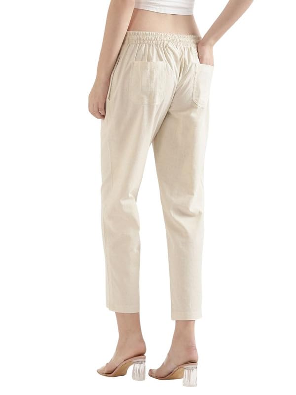 Image of SAADAA Women's Airy Linen Straight Pants | Regular Fit Trousers | Half Elasticated with Drawstrings & Buttons | 4 Pockets | Everyday & Office Wear