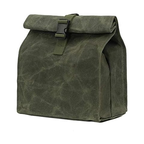 Kaaltisy Heavy Duty Lunch Bags Waxed Canvas Roll-top Lunch Boxes Waterproof Reusable Lunch Bag with Adjustable Buckle, Green, Hard Handfeel Cover
