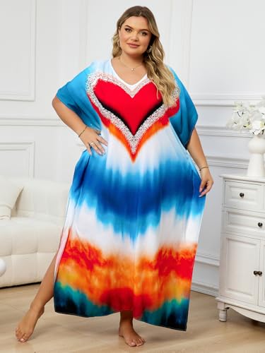 Image of KECVOT Kaftan Dresses for Women V-Neck Print Swimsuit Cover Up Plus Size Beach Caftan Lounge Dress