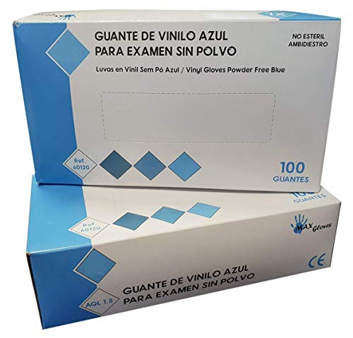 Guantes de Vinilo PVC Sin Polvo MAX GLOVES Desechables Especial Alérgicos Látex - 4,5 gr - Color Azul - 100 unidades (M (Mediana))