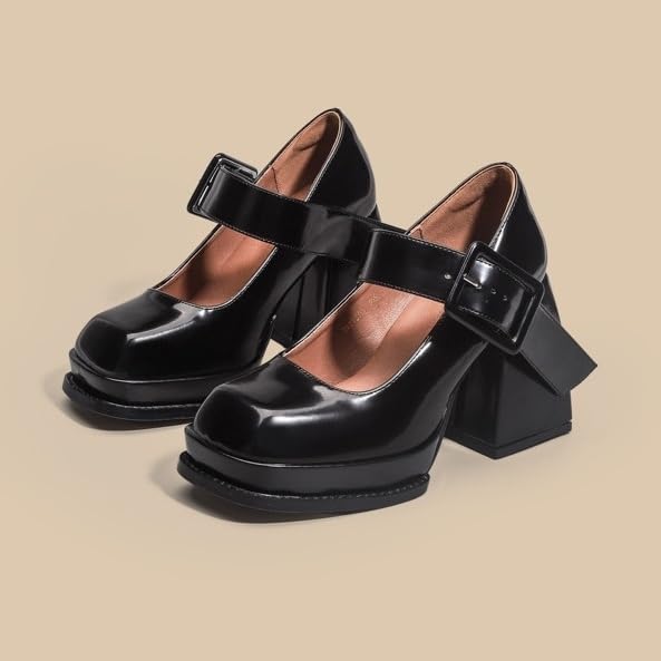Women Black Mary Jane Heels Platform Chunky Heels Square Toe Block Heel Mary Janes Shoes Women Buckle High Heels4
