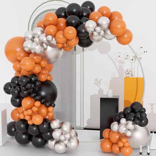 Orange and Black Balloons Arch Garland Kit,134pcs Silver Balloons Different Sizes for Aniversary Graduation Birthday Bridal Baby Shower Thanksgiving Halloween Party Decorations
