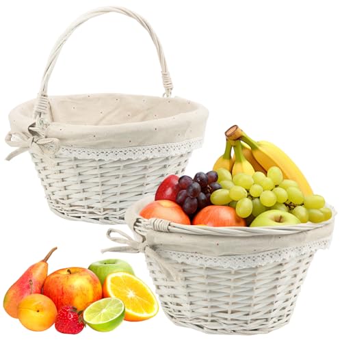 Yiksonyo 2 Pack 12 Inch Round Willow Basket Wicker Basket with Double Handle 12x12x6 Inch Willow Woven Picnic Basket Perfect for Easter Picnic Decor Storage and Wedding(White)
