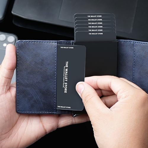 Image of The Wallet Store Maverick RFID Protected Vegan Leather Wallet Cardholder | Pop-up Cardholder | Scan Proof Wallets for Men | Aluminium Case | Up to 8 Cards | Credit & Debit Cardholder (Blue)