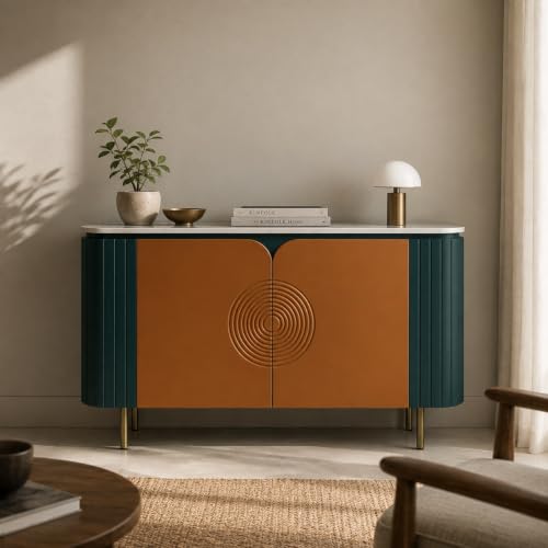 Image of Solid Wood Mandala Sideboard Cabinet with Sintered Stone Top for Living Room | Premium Acrylic Emerald Green and Terracotta Brown with Soft Close Hinges