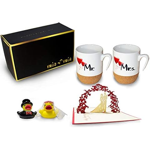 MiaMio - Regalo para pareja Nupcial Mr & Mrs/Set de Regalo de Boda/Tazas de Café Set con Corcho Cover
