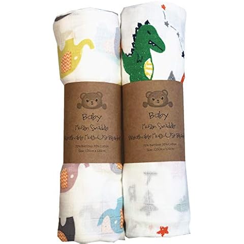 Baby Muslin Swaddle Blanket Bamboo Extra Large 120 x 120CM 2 Pack Pre-Washed Ultra Soft (Dinosaur & Elephant) Cover