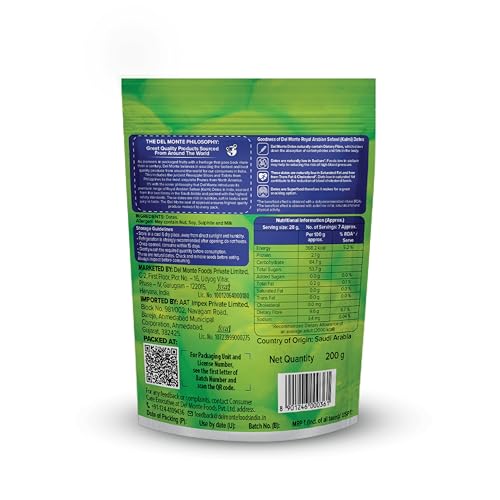 Image of Del Monte Royal Arabian Safawi (Kalmi) Dates 200 g | |Premium Safawi (Kalmi) Dates , Khajoor| Rich in Dietary Fibre | Natural and Sweet, No Added Sugar | Imported From Saudi Arabia | Dried Fruit | Healthy Snack