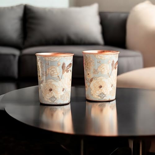 Image of INDIAN ART VILLA Copper Gold Print Design Glass - 275 ML, Ayurvedic Copper Drinkware for Daily Use, Elegant Handcrafted Water Glass for Home, Office, and Gifting, Set of 2
