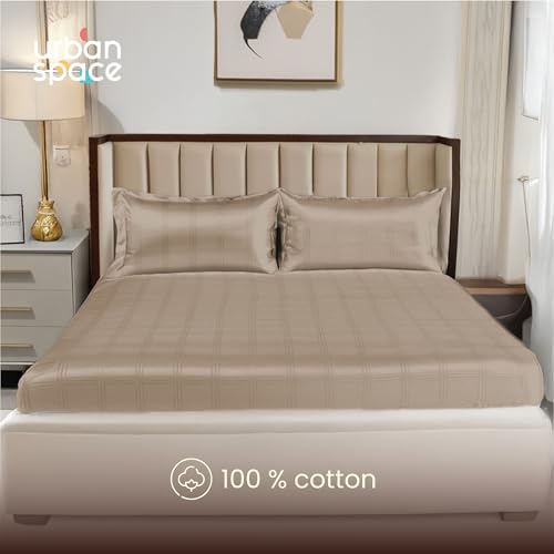 Image of Urban Space 100% Cotton 300TC Jacquard Fitted bedsheets for King Size Bed, Pure Cotton Bedsheet King Bed, Checks Fitted bedsheet King Size with 2 Pillow Covers (72 x 78 Inches, Beige Checks)