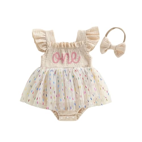 Baby Girl 1st Birthday Romper Dress with Headband Letters Embroidery Flying Sleeve Bodysuits Princess Dress Sequin Layered Tulle Tutu Skirt Jumpsuit First Birthday Outfit (Khaki 12-18 Months)