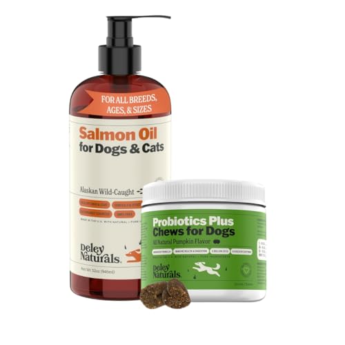 Deley Naturals Probiotics Plus Chews for Dogs and Deley Naturals Premium Alaskan Wild Caught Salmon Oil for Dogs and Cats 32oz
