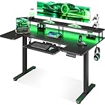OffiGo Standing Desk, 140cm U Shaped Height Adjustable Desk with Monitor Stand, Electric Sit Stand Rising Table with Sockets, Gaming Computer Table with LED Light for Home Office Workstation, Black