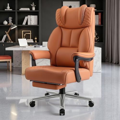 Image of BestGlory Office Desk Chair, Big and Tall Leather Gaming Chair with Footrest, Ergonomic Comfy Executive High-Back Reclining Computer Chairs, Wide Swivel Rolling Wheels and Padded Lumbar Support, Brown