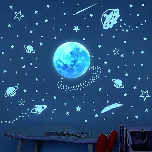DONGFANGB蓄光シール 星空デザイン 星 月 流星 宇宙 夜光効果 繰り返し貼り可能 子供部屋装飾 壁面 窓用 幼稚園 保育園 DIY 誕生日ギフト (青色光)