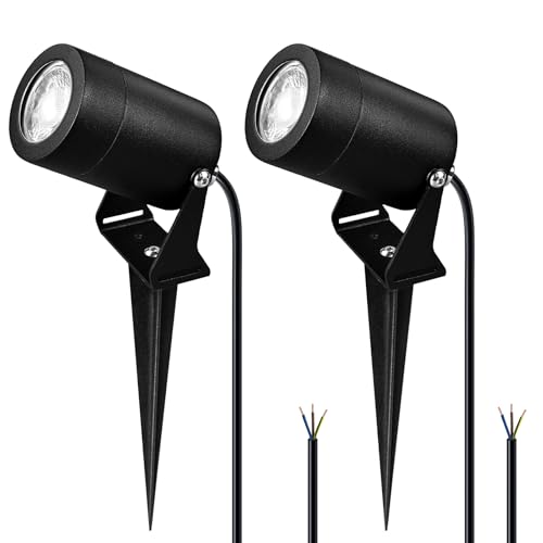JNR Edelstahl LED Gartenstrahler mit erdspieß IP65 Wasserdicht Gartenleuchte inkl. 5W GU10 3000K Glühbirne 2m Kabel Kein Stecker Gartenbeleuchtung außen für Garten,Wegen, 2 Stück Schwarz