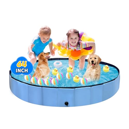 Thecvia Foldable Dog Pool, Hard Plastic Kiddie Pool for Toddlers 13, 64" Blue Pet Bathing Tub