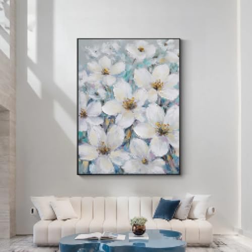 Tableau fleurs blanches encadré habillez un grand mur vide de salon avec cette toile 70x95cm
