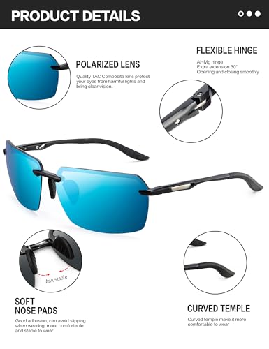 Image of BIRCEN Mens Polarized Sunglasses for Driving: Rimless UV Protection Sun Glasses with Al-Mg Frame for Fishing Traveling Golf