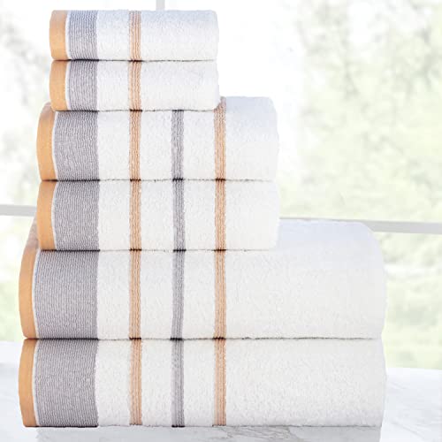 Image of Casa Copenhagen, Germany Design - White Bay Super Soft Collection 100% Cotton 6 Piece Towel Set, Includes 2 Bath Towels 2 Hand Towels 2 Washcloths - Grey & Beige