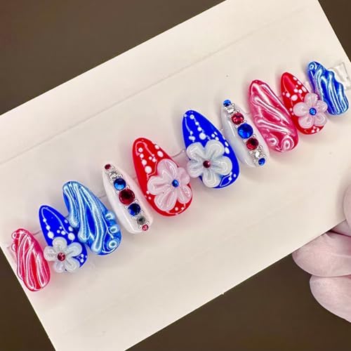 24Pcs Red White Blue Independence Day Press on Nails Medium Almond Patriotic Fake Nails with 3D Flower & Rhinestone Design 4th of July Glue on Nails Reusable Full Cover Acrylic Nails for Women