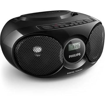 Philips Boombox portátil para CD Player, alto-falantes estéreo dinâmicos com reforço de graves, rádio FM leve com visor LCD, reprodução USB, entrada auxiliar, leitor de CD Boombox portátil para casa