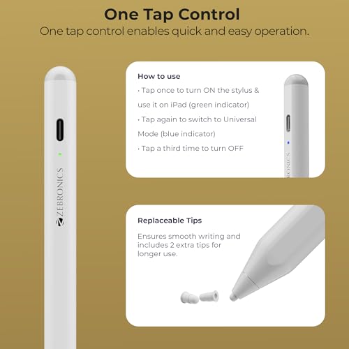 Image of Zebronics Universal Stylus Type-C, Magnetic Attachment, LED Indicator, Replaceable Pen Tips, High Precision, Ultra-Lightweight, iPadOS, iOS, Android Compatible (Stylus Pro Max)