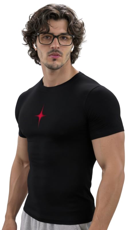 luxenbourg Mens Gym Red Star Compression T-Shirt | Polyester Half Sleeve Sports Wear and Rash Guard for Training Workout and Athletic Activewear | Black-picture-31
