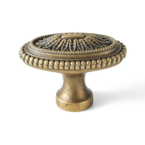 Dwarome 5 Pack | Cabinet Knobs | Solid Brass | 1-3/4 Inch Diameter | Brushed Antique Brass |Classic Cabinet Knobs for Furniture Kitchen & Bathroon Fixture