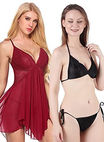 Image of Love Maker Lace Net Stylish Women Nightwear with Cotton Bra Panty Set for Women, Non Padded Bra Panty Set for Women & Night Wear Honeymoon Nighty for Women.