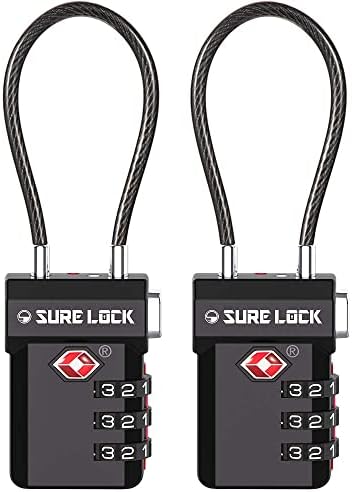 SURE LOCK TSA Approved Luggage Locks with Open Alert & Easy-Read Dials, Re-settable 3-Digit Combination, Zinc Alloy Body for Suitcase, Backpack, Gym Lockers (Multiple Colors), BLACK 2 PACK, One_Size
