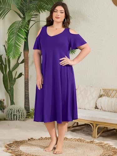 Image of LARACE Plus Size Women Dress for Summer, Midi Women's Sundress, Casual V-Neck Short Sleeve Flowy T-Shirt Dresses with Pockets