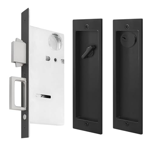 Herraje para Cerradura de Puerta Corredera con Tirador, Cerradura de Puerta Empotrada con Privacidad, llave, Negro miniatura 2