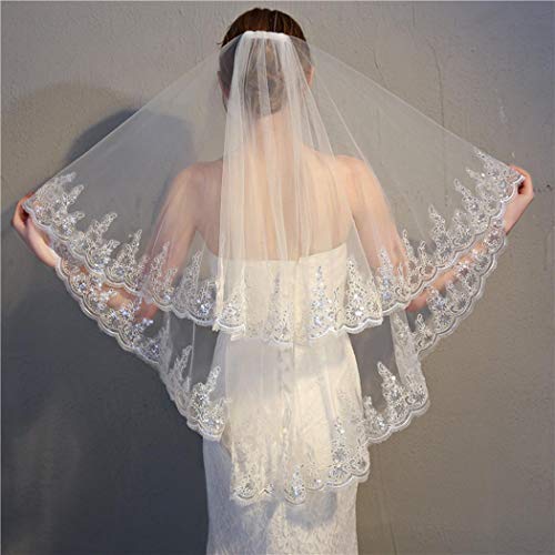 Velos de novia con borde de encaje y lentejuelas for novias Velo corto de 2 niveles Velos de novia hasta la cadera con peine Accesorios for el cabello de tul suave y brillante for la novia /41