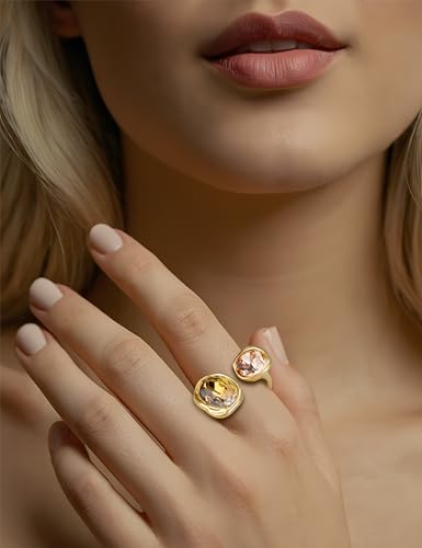 Open Statement Ring Cocktail Ring Cubic Zirconia Crystal Gemstones Antiqued Gold Plated Adjustable Open Band Vintage Jewelry for Women Size 6-83