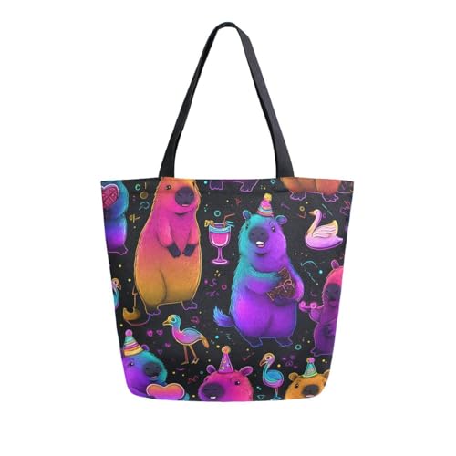 Extra Large Shoulder Tote Bag for Beach Travel Weekender Gym Capybara Colorful Pattern Purple Reusable Grocery Canvas Shopping Bag