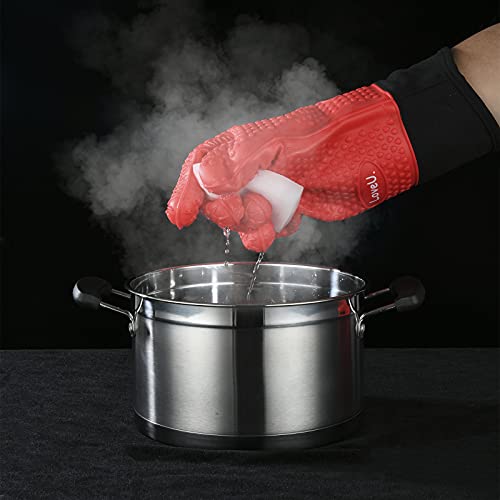 Image of Kitchen Oven Gloves - Dual-Layer Heat Resistant Grilling Gloves, Silicone Oven Mitts with 5 Fingers, Waterproof Non-Slip Pot Holder for Barbecue, Cooking, Baking (Red, Long)