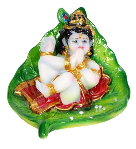 Image of Leaf Krishna Murti Statue for Home, Shop, Office, Car Dashboard | Laddu Gopal Idol for Home, Temple Decor Puja Worship, Home Decorative Figurine (Height 5 Inch)