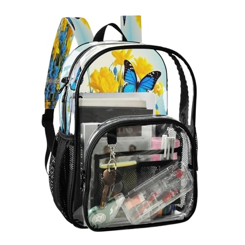 Blue Beautiful Butterflies Clear Backpack - Stadium Approved Large 15.7-inch Waterproof Transparent Bag for Sports, Concerts, Work, Travel#1332