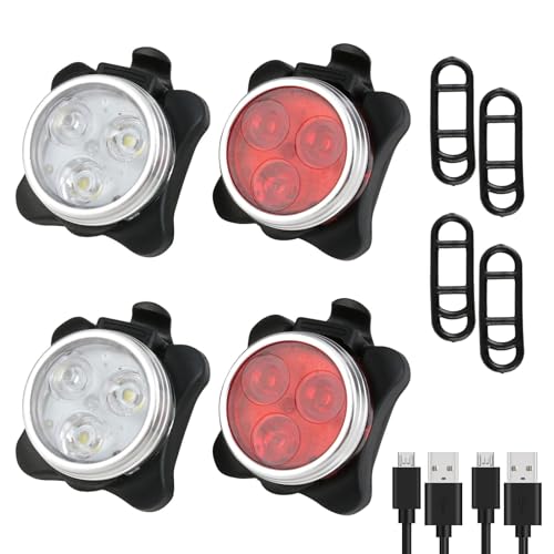 Bike Light Set, 4Pcs USB Rechargeable Bike Lights with 4 Brightness Modes Super Bright Waterproof Cycling Front and Rear LED Light for Road Mountain Bike Night Riding(Red White)