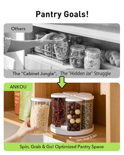Image of Ankou Rotating Food Storage Containers Set of 6, 23oz (690ml) Clear PET Jars with Dual Pour Lids, 360 Lazy Susan Pantry Organizer for Snacks, Cereal, Nuts, Oats & Dry Foods, Kitchen Grain Dispenser