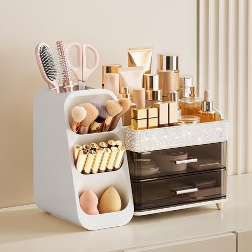 Image of HBlife Makeup Organizer with Brush Holder for Vanity, Large Plastic Bathroom Countertop Organizer Skin Care Storage, Easy to Store Lipsticks, Nail Polishes, Perfumes, Eyeshadow Palettes, Pearl White