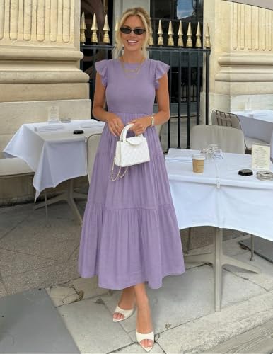 Image of ZESICA Women's 2026 Summer Casual Flutter Short Sleeve Smocked Midi Dress