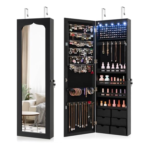 COSTWAY Armoire à Bijoux Murale avec Miroir, Inclus 5 Lumières LED, Emplacement pour Boucles d'Oreiller,Bracelets,Bag etc. Installable sur Mur ou Porte, 36,5...