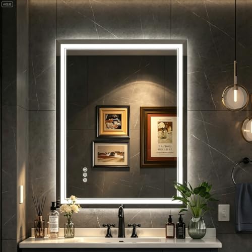 Ratsamee 28" x 36" Led Mirror for Bathroom with Front Light and Backlit, Bathroom Mirror with Led Lights, Vanity Mirror with Lights for Wall, Anti-Fog, Dimmable 3-Color（frontlit+Backlit）